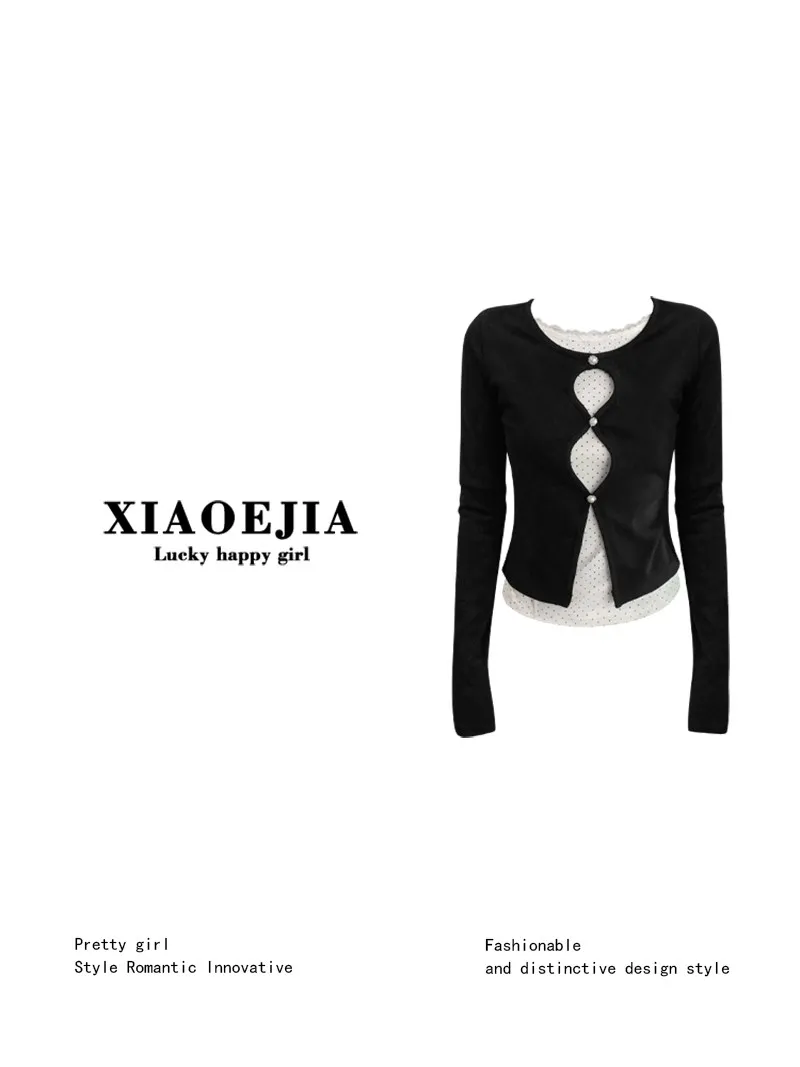 Women's Fake Two Pieces Patchwork T-shirt Harajuku Y2k Tee Top 90s Aesthetic Vintage Korean Long Sleeve T-shirts 2000s Clothes