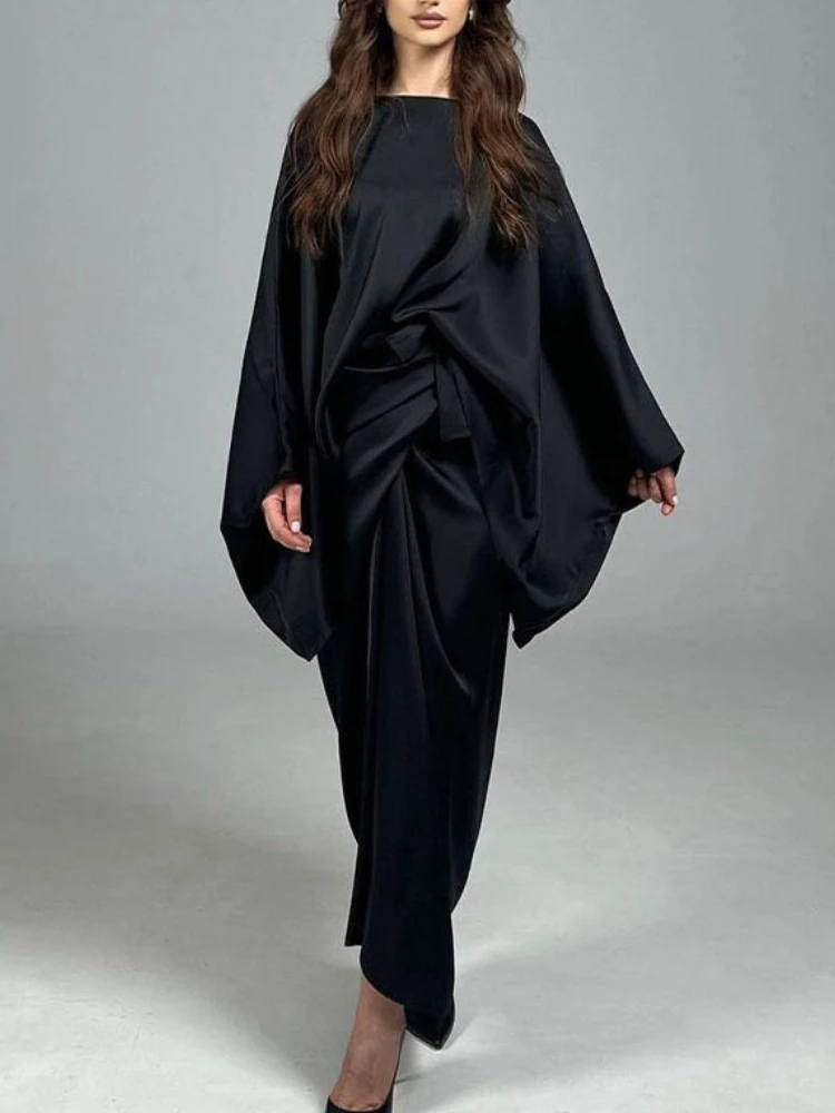 Casual Satin Shawl Irregular Office Two-Piece Set Stylish Vintage Lace-Up Top and Skirt Elegant Bat Wing Sleeve Party Suit