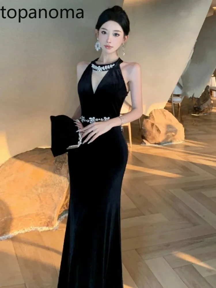 Topanoma Evening Dresses Women Sexy Sleeveless Rhinestone Velvet Vintage Elegant Cocktail Birthday Party Mermaid Dress Banquet