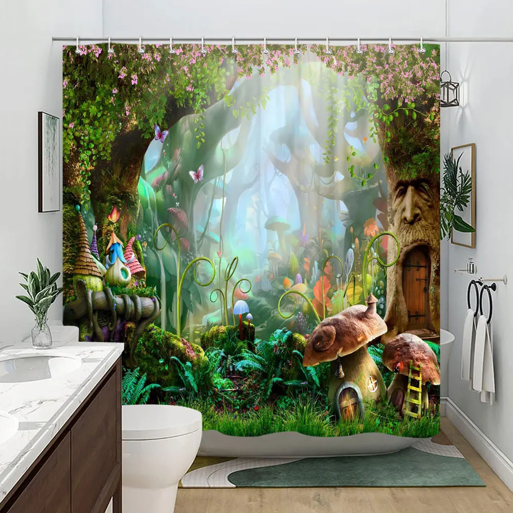 Forest Mushroom Shower Curtain Fairytale Fantasy Adventure Bohemian Polyester Fabric Home Bath Curtain Bathroom Decor With Hooks