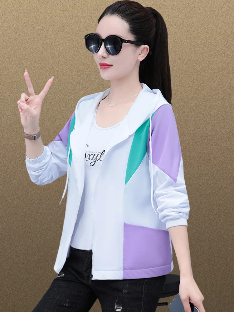 

Уникальная женская куртка с капюшоном большого размера для весны и осени, спортивный топ с защитой от УФ-излучения, модная, на молнии, удлиненная