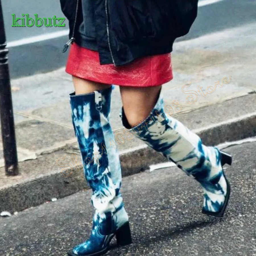 Colorblock Suede Over The Knee Boots,Flat Toe Thick Heel Straight Boots Camping Party Women Boots 2023 New Zapatos Para Mujere