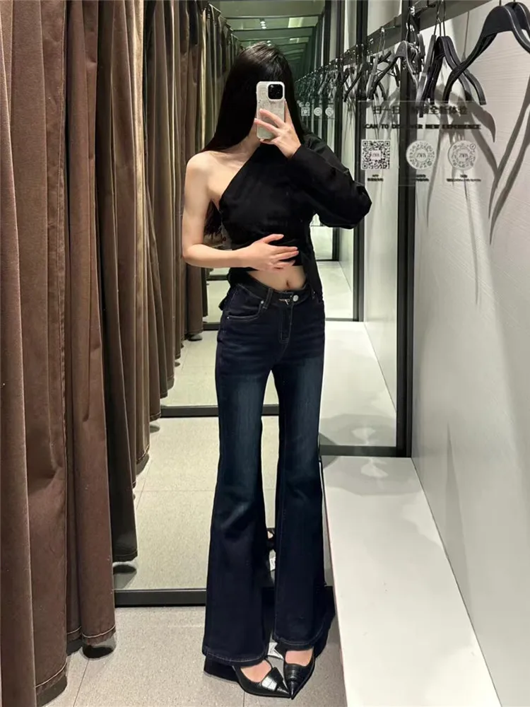 

Extended Length Deep Blue V-Waist Flared Jeans Women's Slim Fit Elastic Long Leggings Spring Autumn High Waist Bootcut Denim