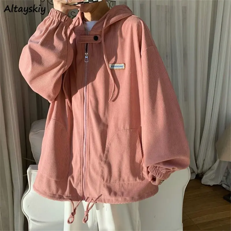 

Basic Jackets Women Autumn Corduroy Japanese Style Aesthetic Loose Hooded Lace-up Zipper Leisure Simple Mujer Chaqueta Chic Ins