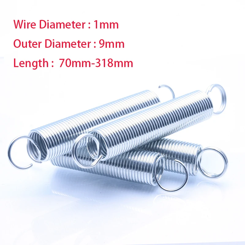 2/5/10/20/30Pcs Tension Spring Wire Diameter 1.0mm Outer Diameter 9mm Galvanized With Hook Extension Spring Length 70-318mm