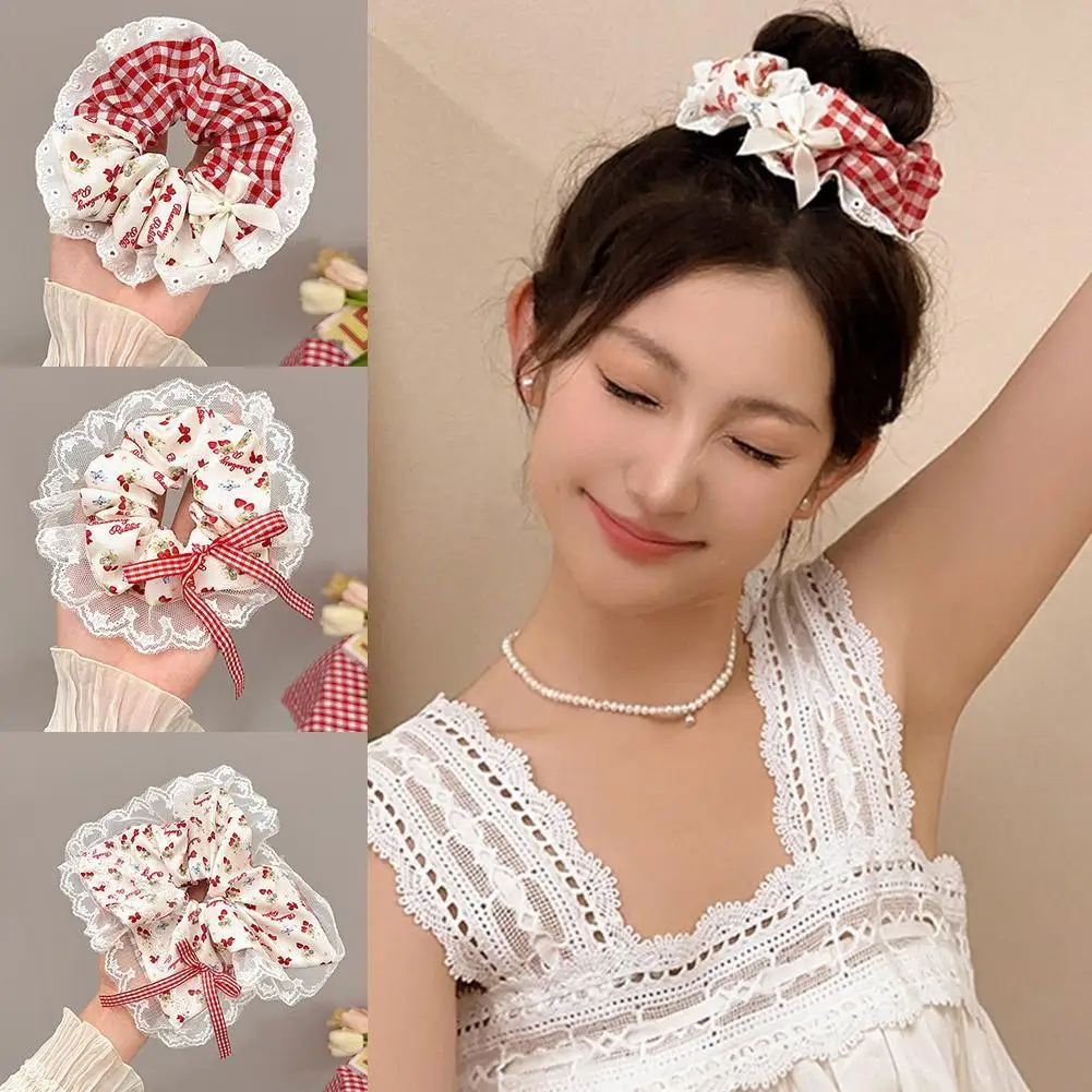 Sweet Strawberry Flowers Scrunchies Hair Accessories For Women Girl Elastic Hair Hair tie Ponytail Holder Rubber Hair Band