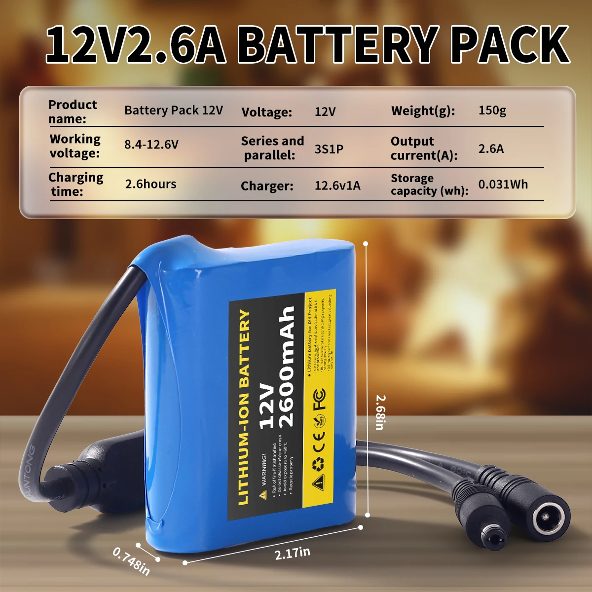 12V 2.6Ah Rechargeable Li-ion Battery Pack with 12.6V 1A Charger, Lithium Battery for DIY Projects, LED Lights, Portable Devices and More