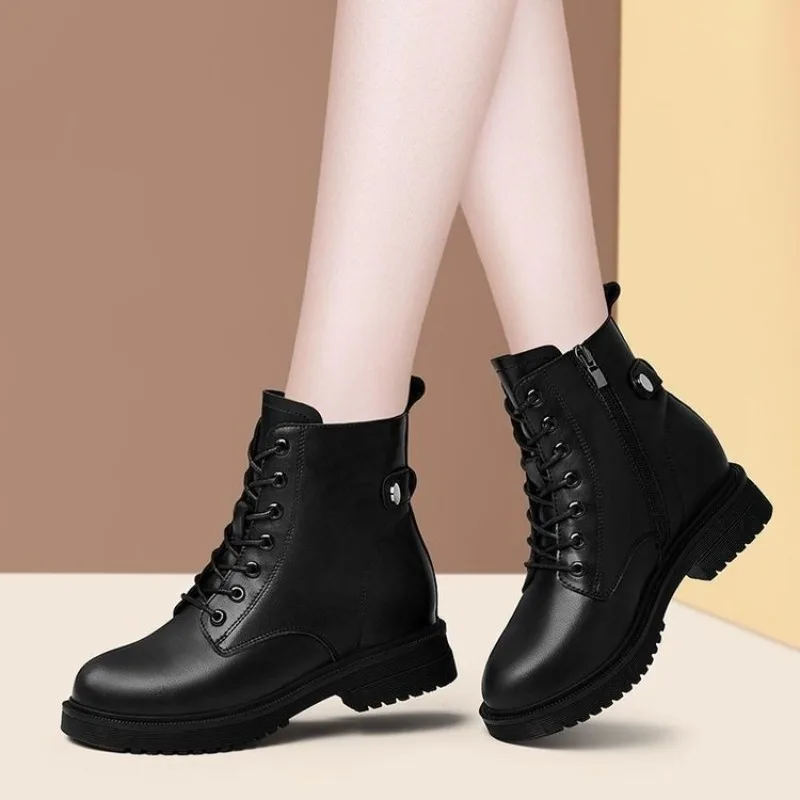 

Women Boots 2024Winter New PU Leather Waterproof Ankle Boots Black Plush Warm Platform CottonBoots Non-slip Casual Walking Shoes