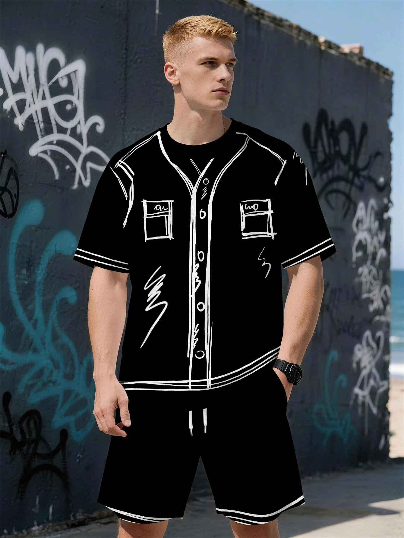 

2026 Summer New Men's Short-Sleeved Set with 3D Simple Pattern Printing Fashionable Comfortable Lightweight and Soft