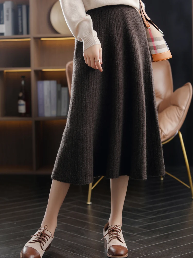 100%Pure Wool Knitted Skirts Women Autumn-Winter Mid-Length High-Waisted A-line Akirts Wild Cashmere Thicken Knit Umbrella Skirt