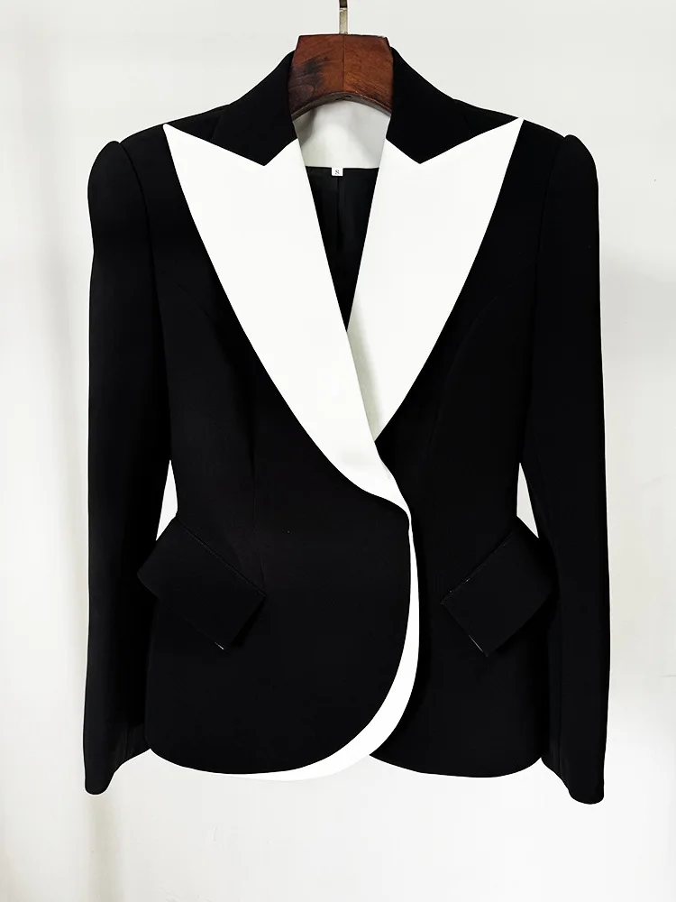 HIGH QUALITY 2024 New Autumn Black Jacket Women black white Patchwork collar Slim Blazer Jacket Outfit Coat Women