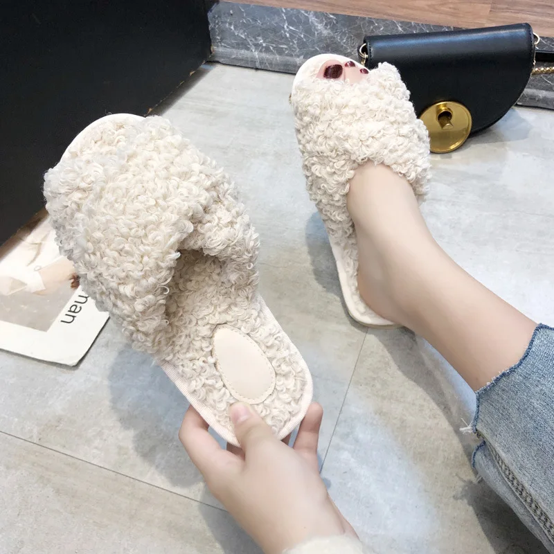 Cross Band Home Fur Slides Ladies Curly/straightly Femmes Pantufles Mixed Colors Comfy Indoor Fluffy Slippers Sexy