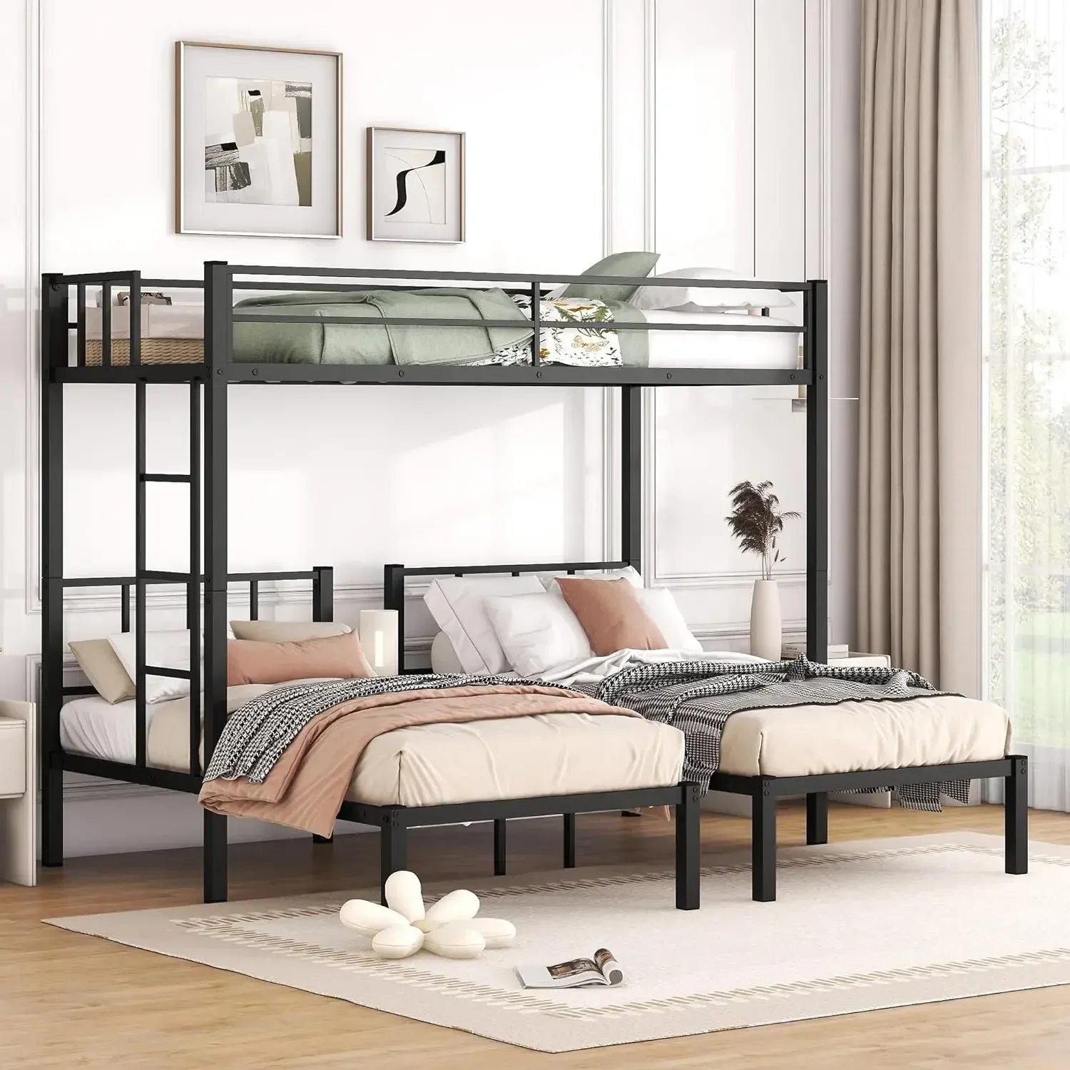 

Metal Triple Bunk Bed for 3 Person,Twin XL Over Twin & Twin Bunk Beds w/Storage Shelf,Convertible Ladder, Full Length Guardrail