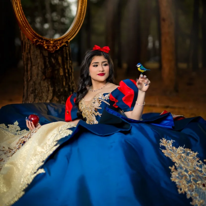 Satin Blue Quinceanera Dress off-shoulder Golden Glitter Crystal Decal Long tail Big Bow vestidos de 15 Quinceanera ﻿Customized