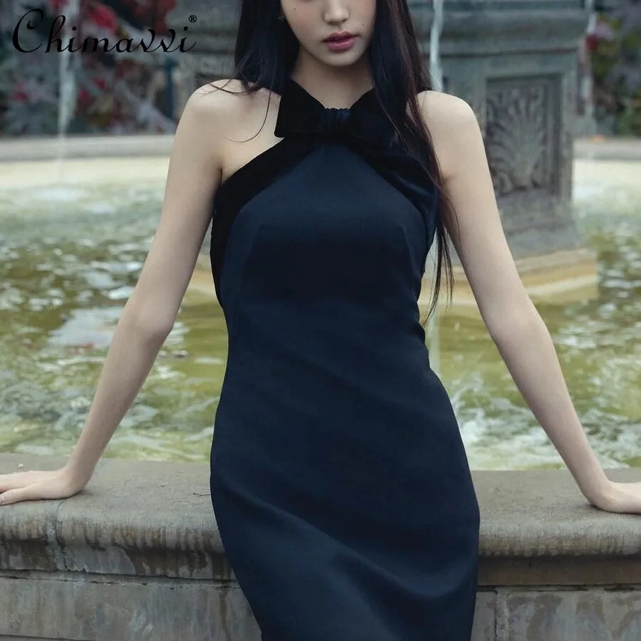 

High-end Fashion Velvet Bow Splicing Dress 2025 Summer New Sexy Girl Backless Annual Meeting Gown Dress Mini Womens Dresses