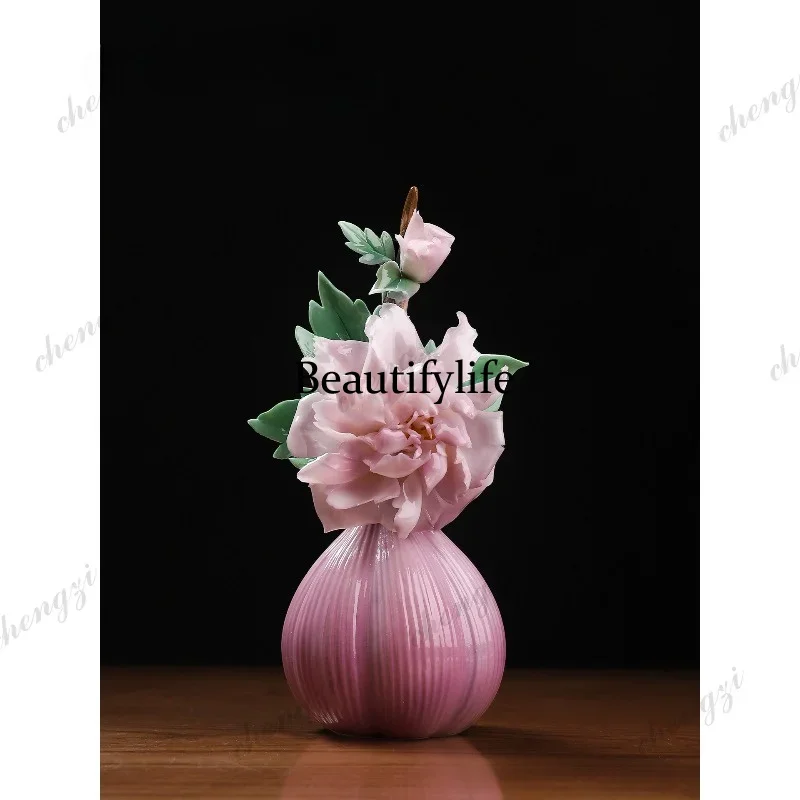 H132 intangible cultural heritage handmade ceramics, peony porcelain flower ornament, vase, living room decoration, high-end