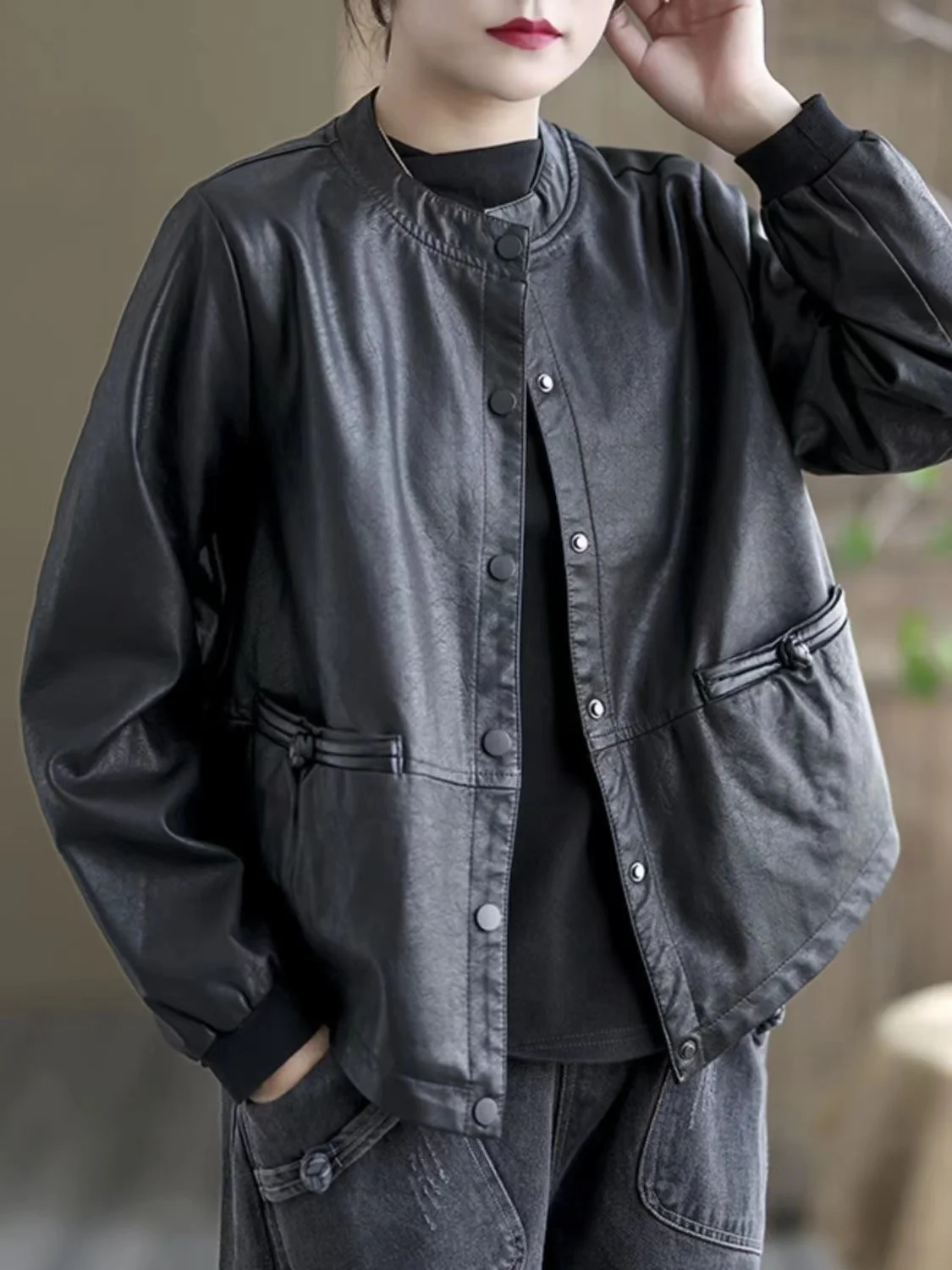 Chaqueta de cuero de talla ande para mujer, estilo nuevo de otoño/invierno, uesa, de manga larga, para uso diario.