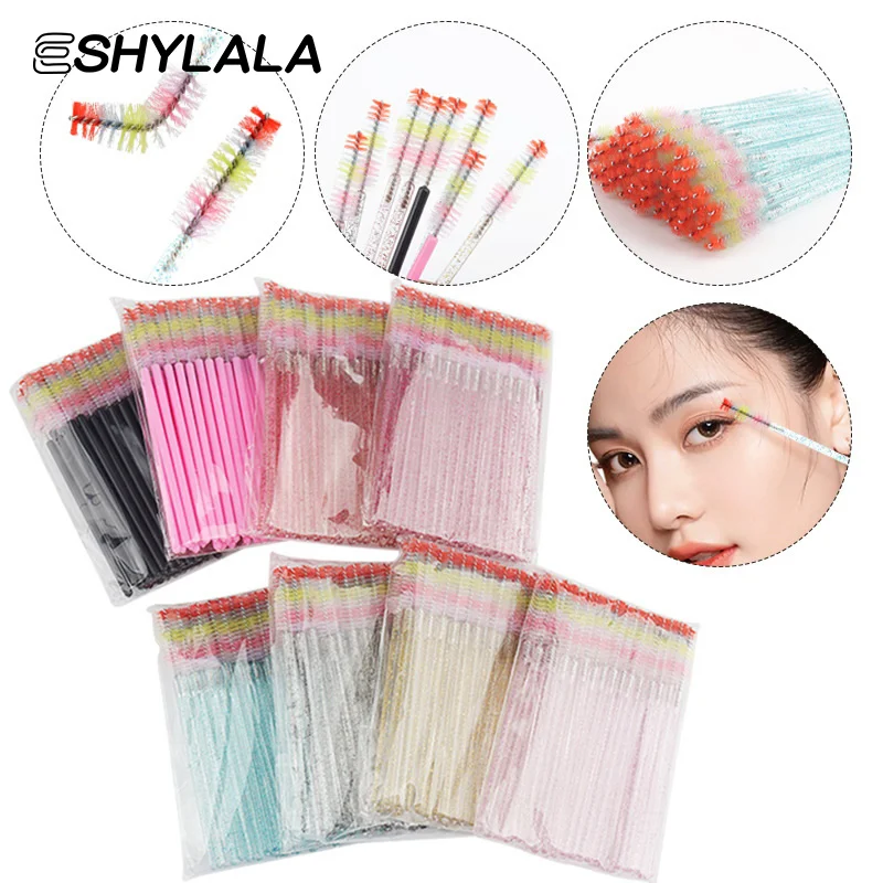 Escova descartável colorida de cristal para cílios, 50 peças, extensão de cílios, varinhas de rímel, maquiagem profissional, ferramenta de beleza