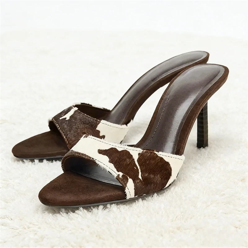 

Модные тапочки на высоком каблуке с животным принтом, женские шлепанцы высокого качества из искусственного меха, удобные сандалии на высоком каблуке с острым носком