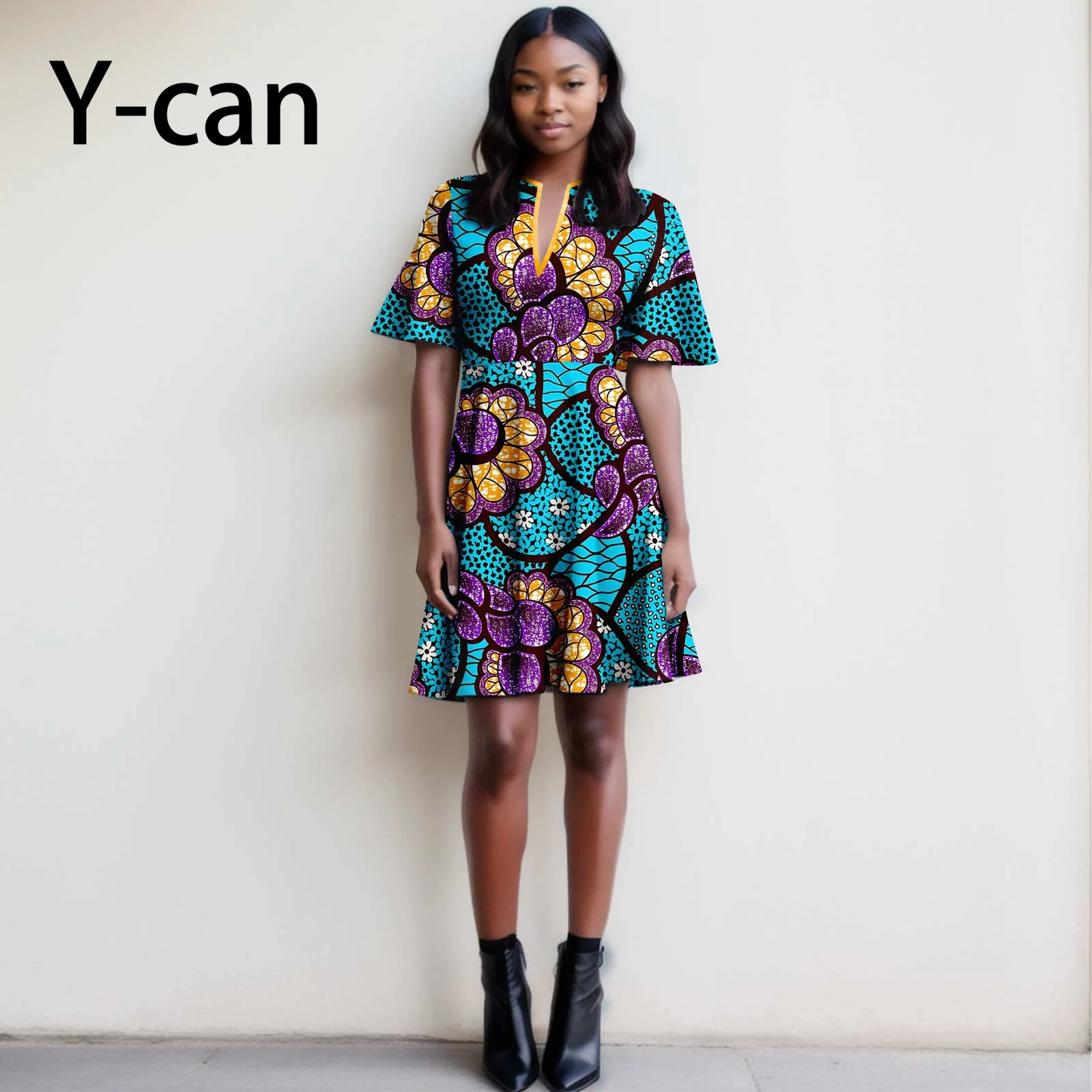 Dashiki African Dresses for Women 2023 V-neck Print Vestidos Knee Length Bazin Riche Lady Causal Party Nigeria Outfits Y2325094