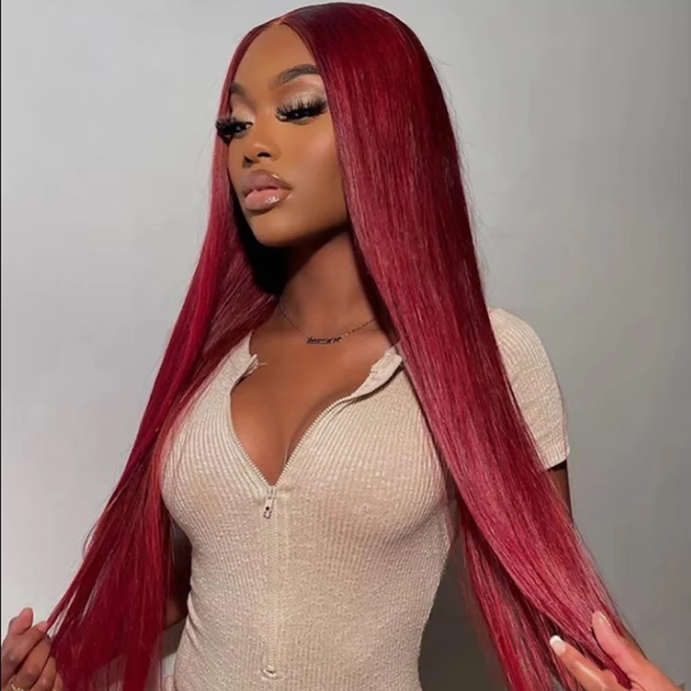 18 36 Inch 180 200 Density 99J Burgundy 13X4 13x6 HD Straight Human Hair Wig 100% Raw Human Hair Lace Frontal Wig Raw Hair Wig