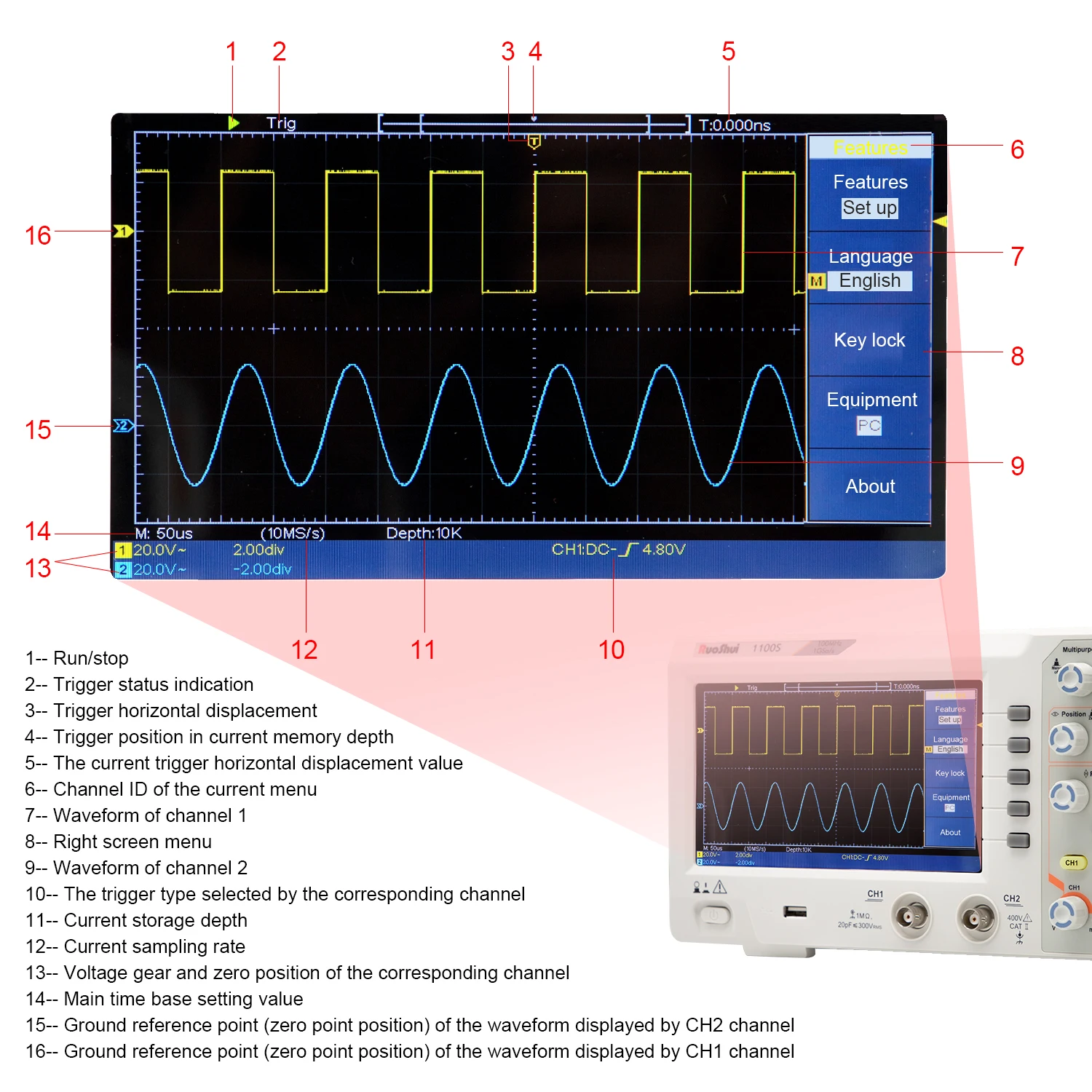 Ruoshui osciloscópio digital de 100mhz, osciloscópio com 2 canais 1gsa/s tft lcd de 7 polegadas, alta precisão, usb original, armazenamento de largura de banda total