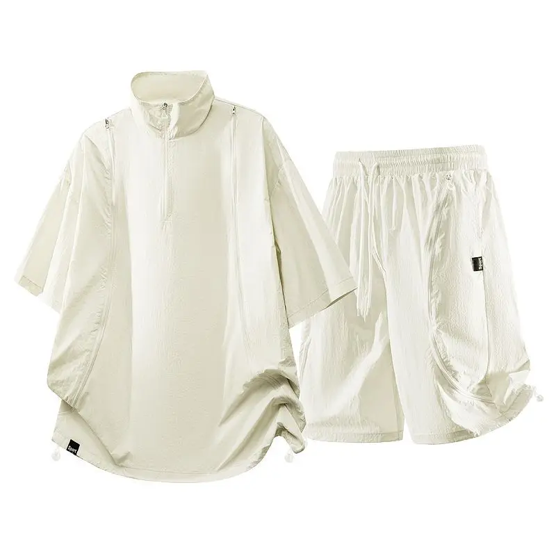 Conjuntos Deportivos Casuales para Hombre y Mujer, Camiseta con Cuello Alto y Media Cremallera + Pantalones Cortos de Secado Rápido, Conjunto Deportivo Holgado para Actividades al Aire Libre