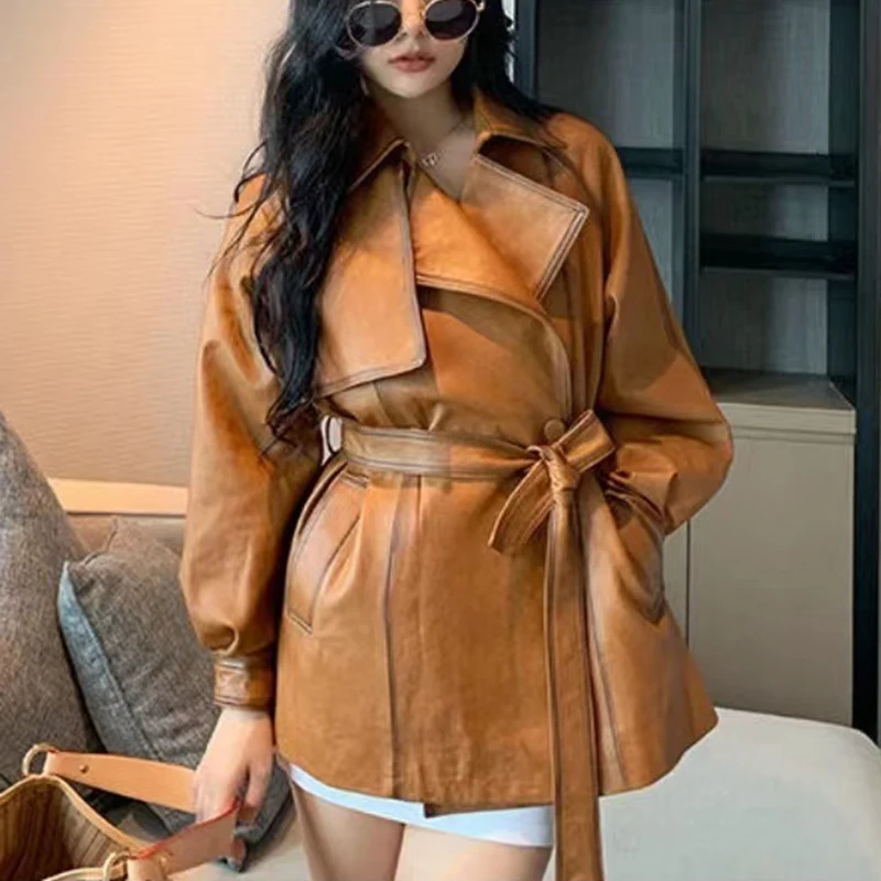 Sheepskin Coat 2023 Women Black/Brown Genuine Leather Jackets Spring Autumn Korean Fashion Lapel Sashes Slim Chamarra Piel Mujer