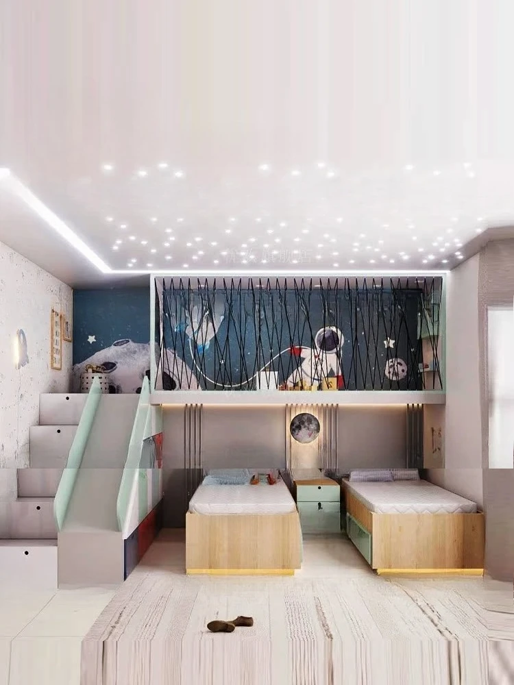 Tempat tidur twin, ruang kamar anak laki-laki dengan tempat tidur susun, rumah bermain anak dengan seluncuran