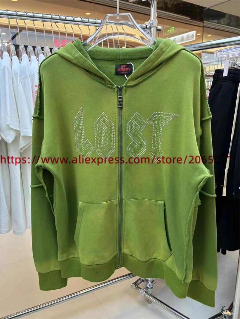 Moletom de strass de grandes dimensões para homens e mulheres, casual jogger, cordão, calças diamante, perdido, diamantes, verde, qualidade superior