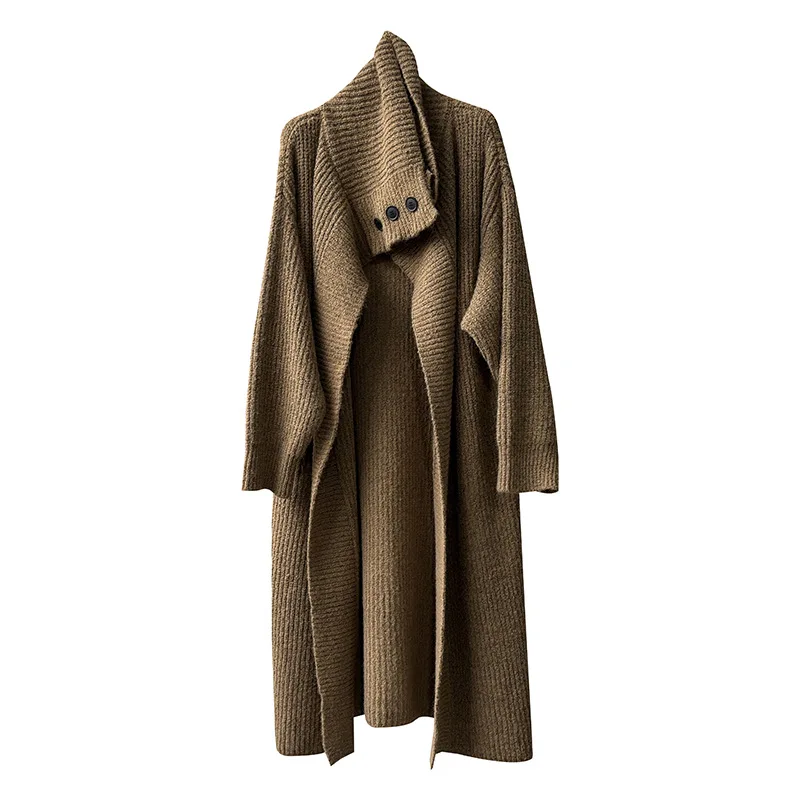 SuperAen Korean Style Oversize Turn-down Collar Long Knitted Cardigan for Women's 2025 Winter New Loose Solid-color Sweater Coat