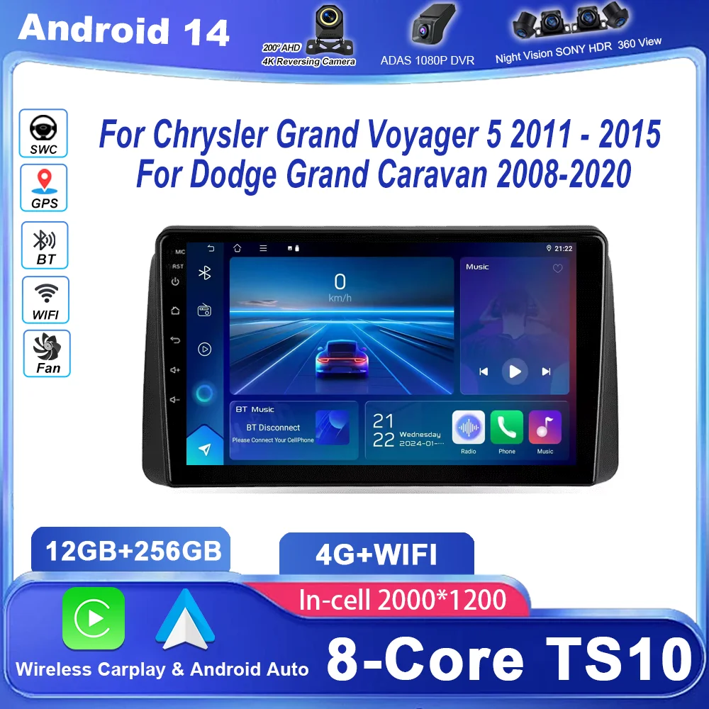 

Android 14 For Chrysler Grand Voyager 5 2011 - 2015 For Dodge Grand Caravan 2008-2020 Car Radio 2 din Carplay Bluetooth Wifi
