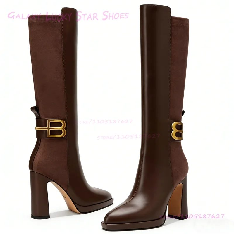 البني الجلد المدبوغ معدن إلكتروني مشبك التمهيد سترتش النساء المرقعة الأسود الركبة الجوارب حذاء بكعب سميك الفتيات الكاحل حزام التفاف الأحذية