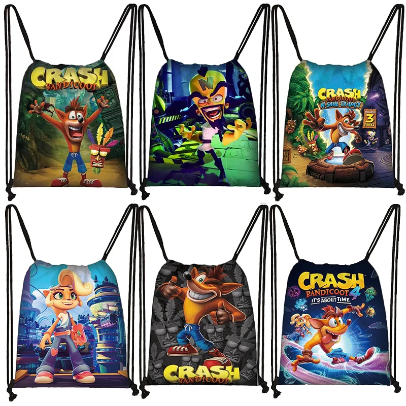 Game Crash Bandicoot Drawstring Bag Daily Casual Backpacks Boys Girls Drawstring Bag for Travel Shoes Storage Bags Gift