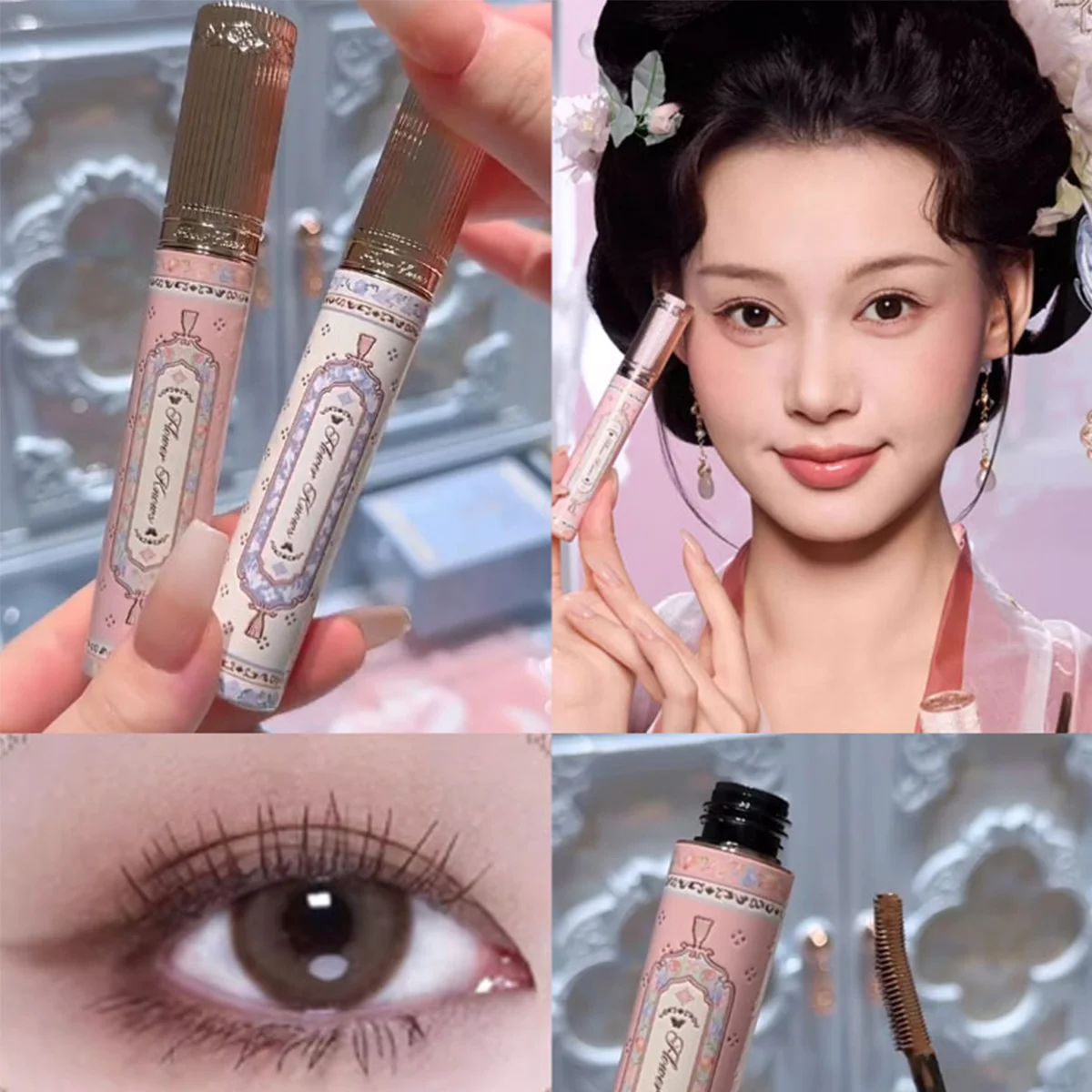 Flower Knows Butterfly Cloud Mascara d'épaule Caractéristiques une tête de brosse en silicone longue bouclée et épaisse marron foncé noir ne tache pas