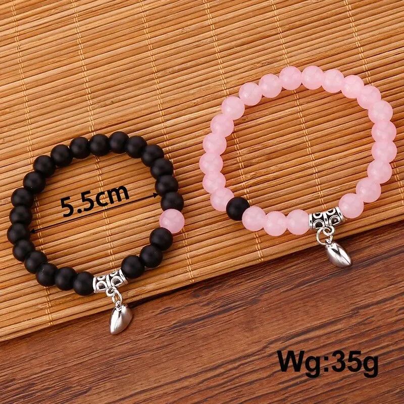 1Pair Hot Sale Love Peach Heart Magnet Bracelets For Couple Lovers Romantic Simple Frosted Stone Pink Crystal Jewelry Handwear