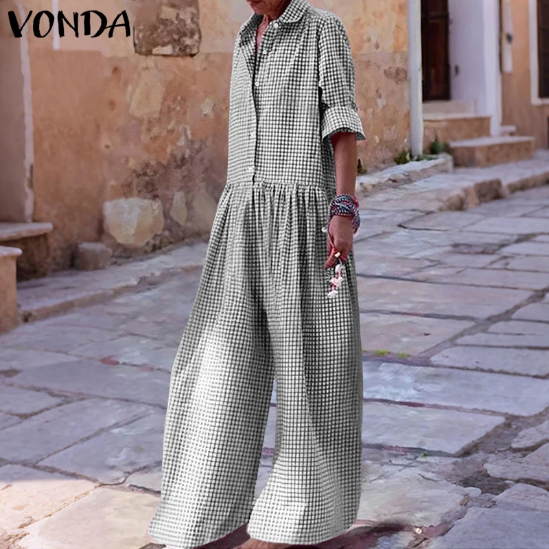 

VONDA Vintage Jumpsuits Women Elegant Plaid Long Overalls 2026 Fashion 3/4 Sleeve Lapel Casual Playsuits Loose Streetwear Pants