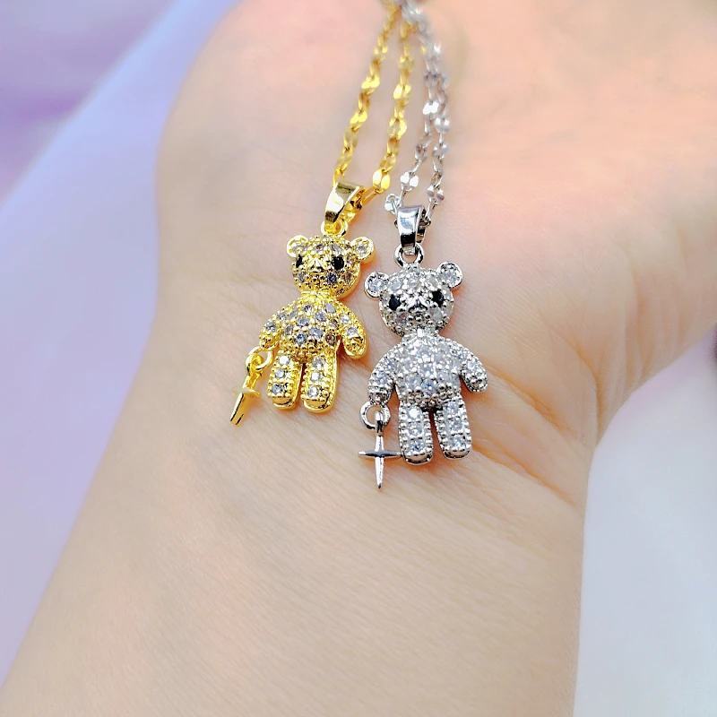 Fashion Charm Cross Bear Necklace Classic Personality Holding Bodyguard Sword Lucky Pendant Versatile Clavicle Chain