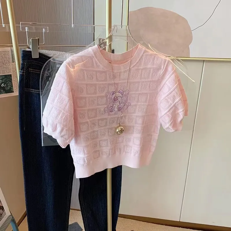 Suéter de punto con lentejuelas de oso para mujer, camiseta, jersey, camisetas de manga corta con cuello redondo, jerséis de punto holgados y