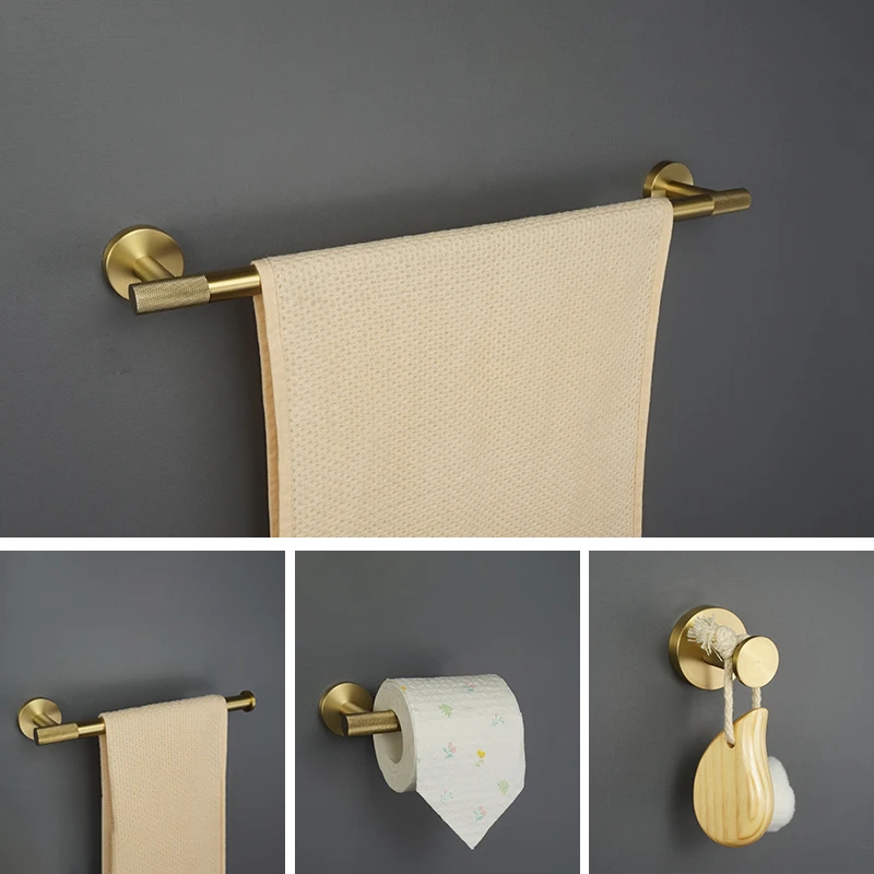 Luxury Brushed Gold Bathroom Accessories Set Toilet Tissue Roll Paper Holder Towel Rack Bar Rail Ring Robe Clothes Hook Hardware