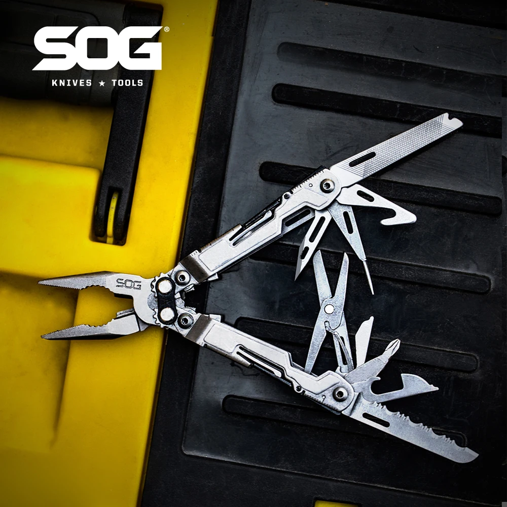 SOG 18 in 1 PowerPint Mini Multi-tool Compact Stainless Steel Lightweight EDC Multifunctional Hand Tools with Folding Pliers Pocket Knife Screwdrivers Scissors Bottle Opener For Outdoor Survival Fishing Cycling DIY Home Repair, Portable Camping Supplies