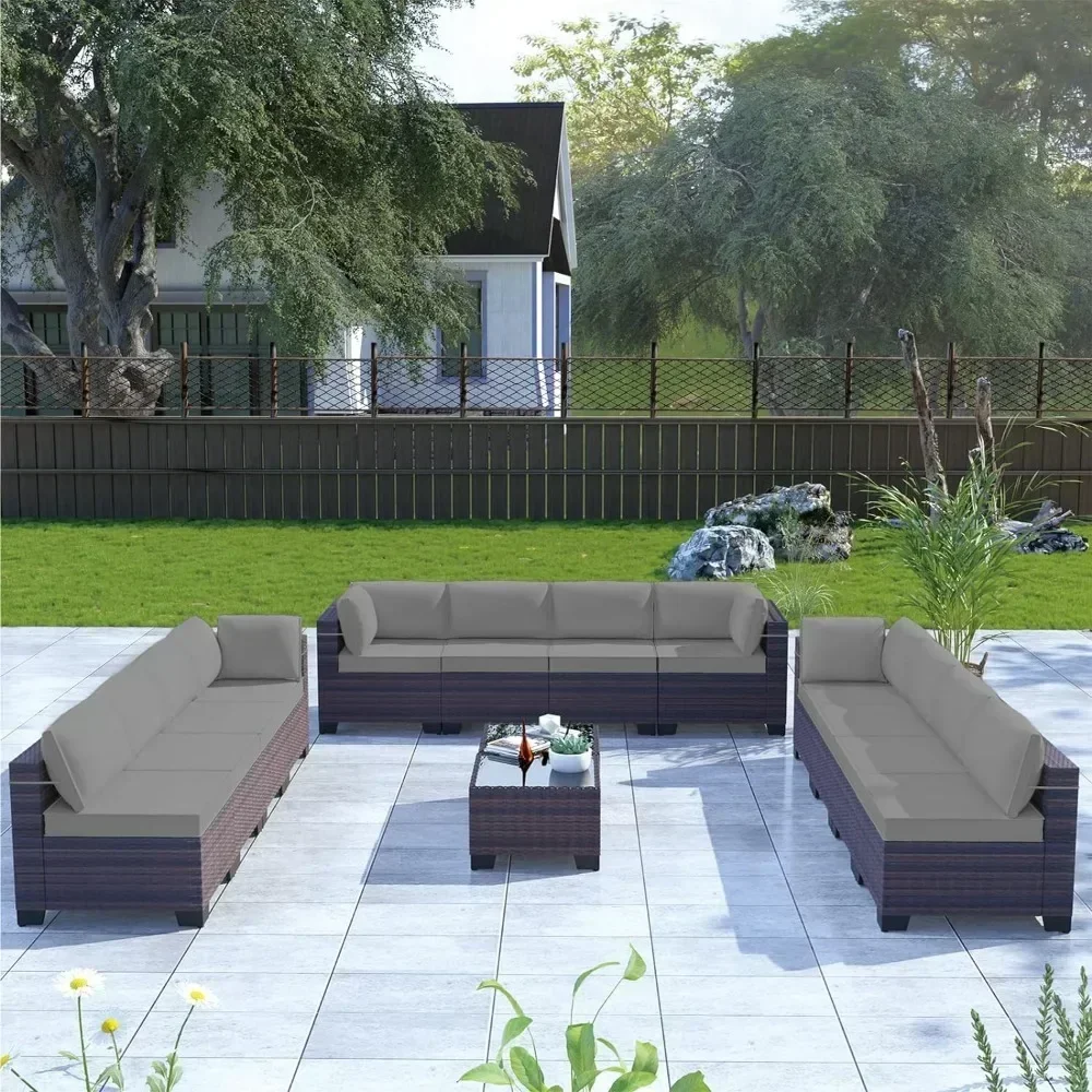 

Outdoor Patio Furniture 12 Piec Set, Sectional PE Wicker Conversation Sofa Set with 10 Seat Cushions& 2 Tempered Glass Table