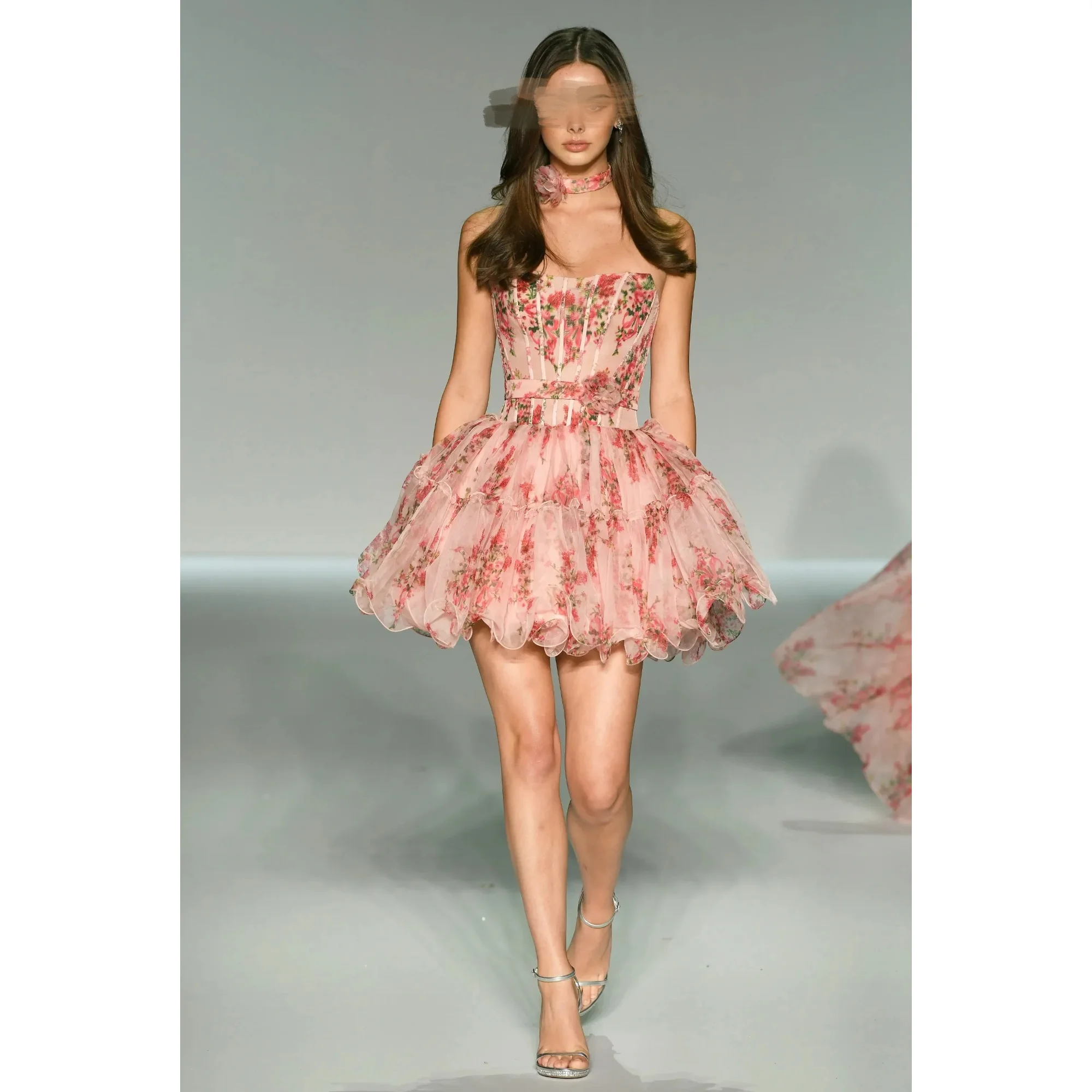 

Romantic Printed Strapless Mini Dress Pink Chiffon Ball Dress Tight corset Women's Birthday Party Dress Customization