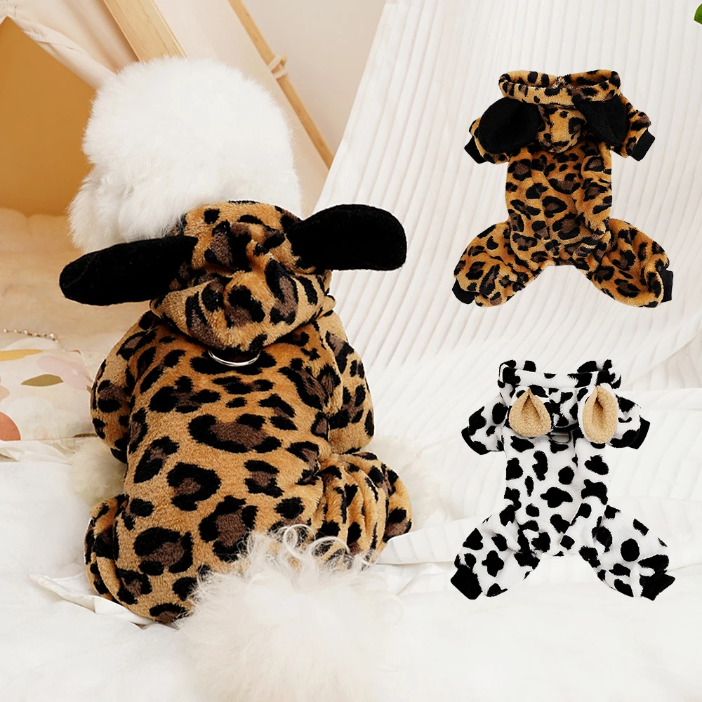 Cute Dog Jumpsuit Warm Dog Clothes Coat Winter Pet Puppy Leopard Hoodie Jacket Soft Outfit for Small Medium Dogs Chihuahua Pug