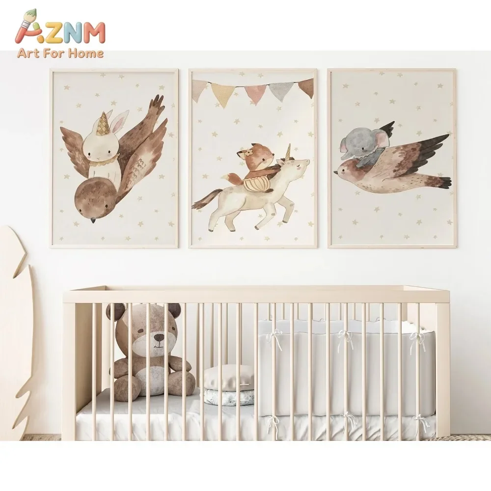 AZNM 3Pcs Watercolor Flying Animal Canvas Wall Art, Bunny Fox Koala Unicorn Star Print Frameless Canvas Painting,