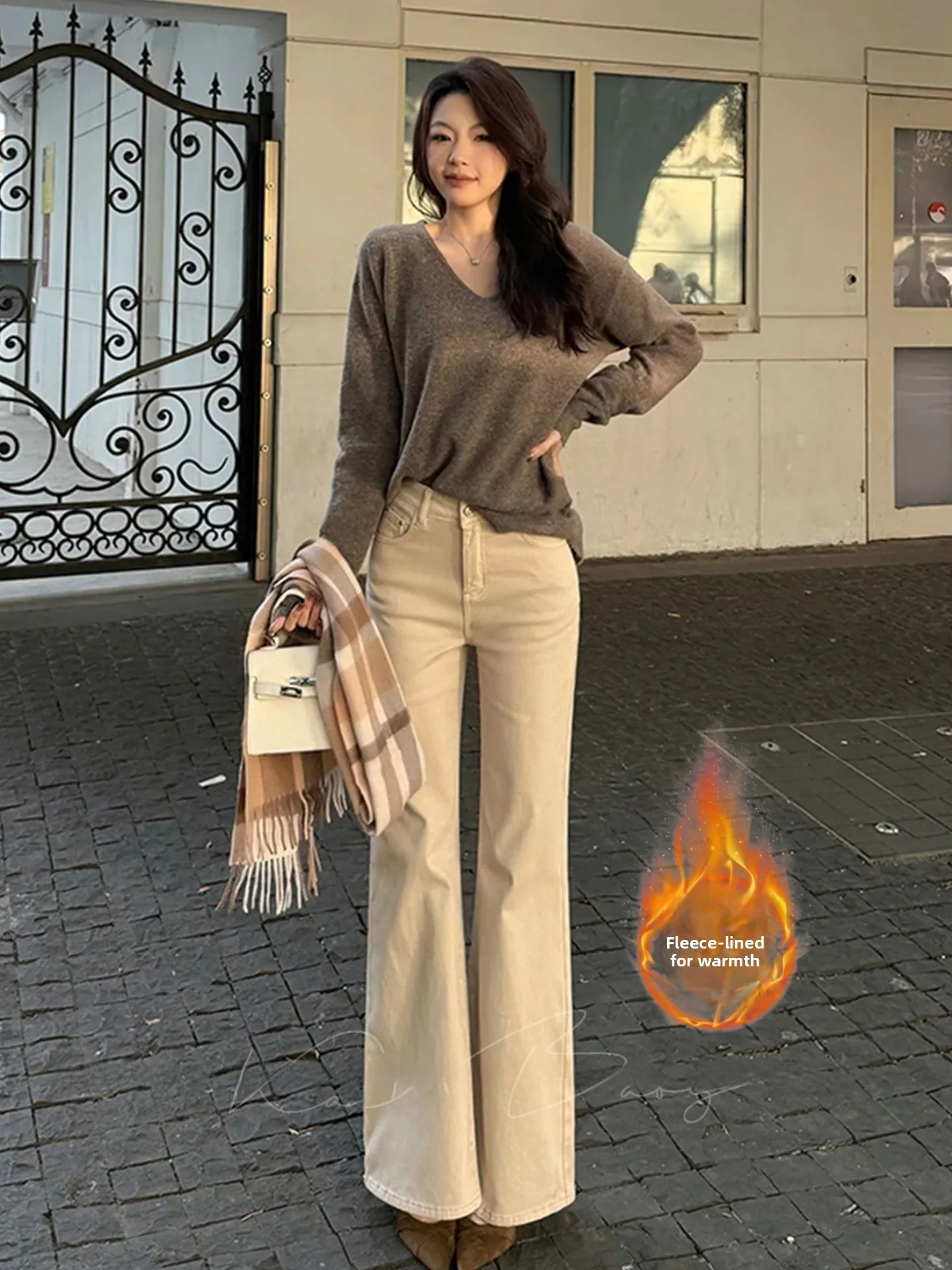 

Женские джинсы с высокой талией, расклешенные, на флисовой подкладке, теплые, прямые, утягивающие, в пол, в корейском стиле, осень-зима