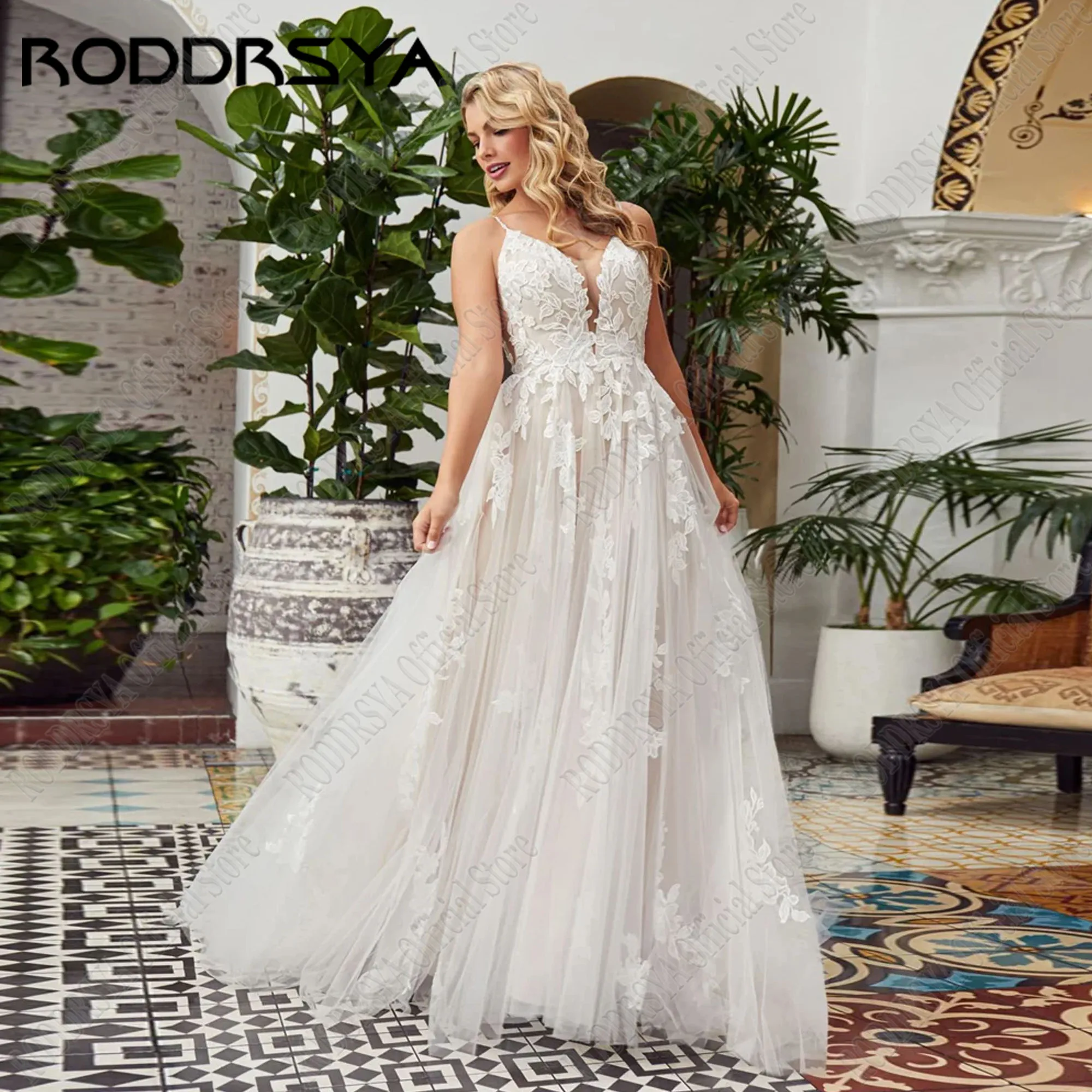 

RODDRSYA V-Neck Backless Wedding Dress 2024 Bride Spaghetti Straps Bride Gowns Applique A-Line Sleeveless Boho Bridal Dresses