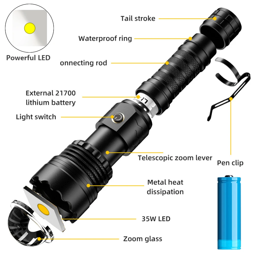 High Power Long Range Flashlight Aluminum Alloy Zoom 21700 Rechargeable Battery Type-c Charging Outdoort Camping Torch