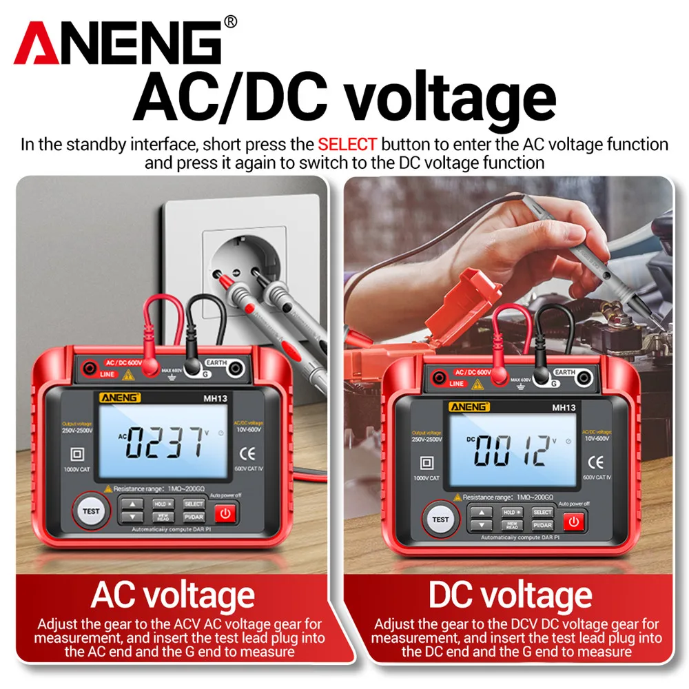 Cyfrowy megohmmetr do pomiaru rezystancji izolacji 2500V, tester napięcia AC/DC 200GΩ, generator do testowania izolacji elektrycznej kabli i silników. — zdjęcie 5
