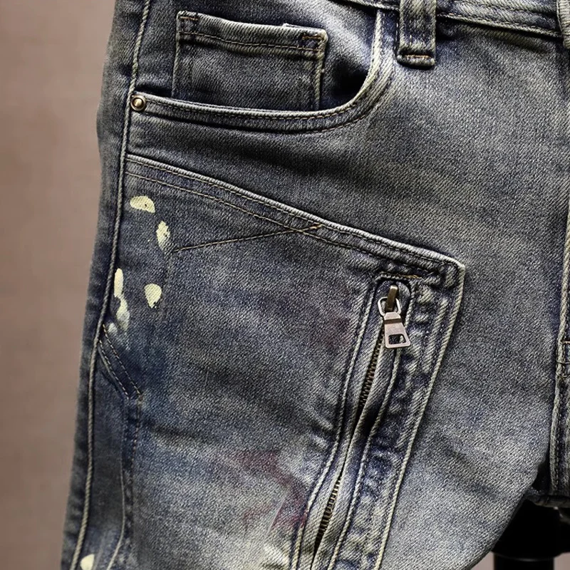 

Y2k Italian new jeans zipper decoration large pocket nostalgic stretch slim fit retro blue jeans high street splicing pants homb